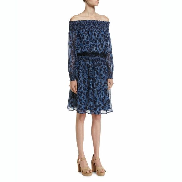New! MICHAEL KORS Women's Petite Floral Metallic Smocked Off-Shoulder Dress Blue - Picture 1 of 5